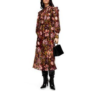 Fallen Floral Jacquard Long Sleeve Midi Dress